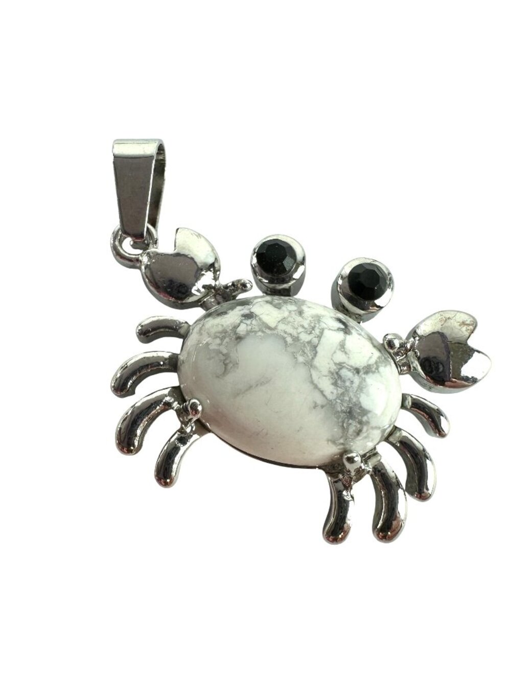 Crab-Shaped Pendant With White Marble Stone & Black Crystal Eyes In Silver Tone
